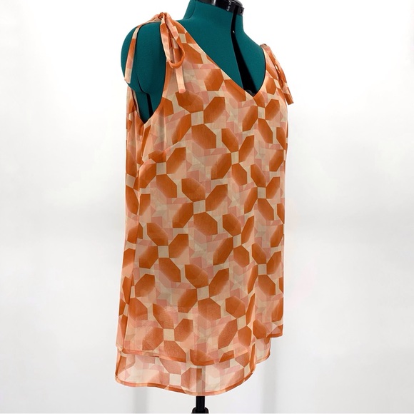 Cabi Pinwheel Top #5358, Peach and Brick Dust Layered Chiffon Sleeveless Top, L - Picture 14 of 17